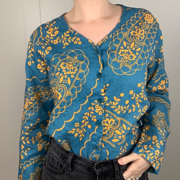 Flax Tops - FLAX Blue & Yellow Floral Linen Button Down | F15
